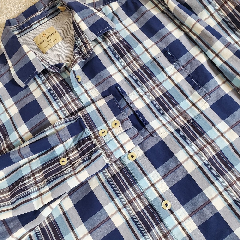 Tommy Bahama Men's Shirt Size Large Blue Plaid Long Sleeve